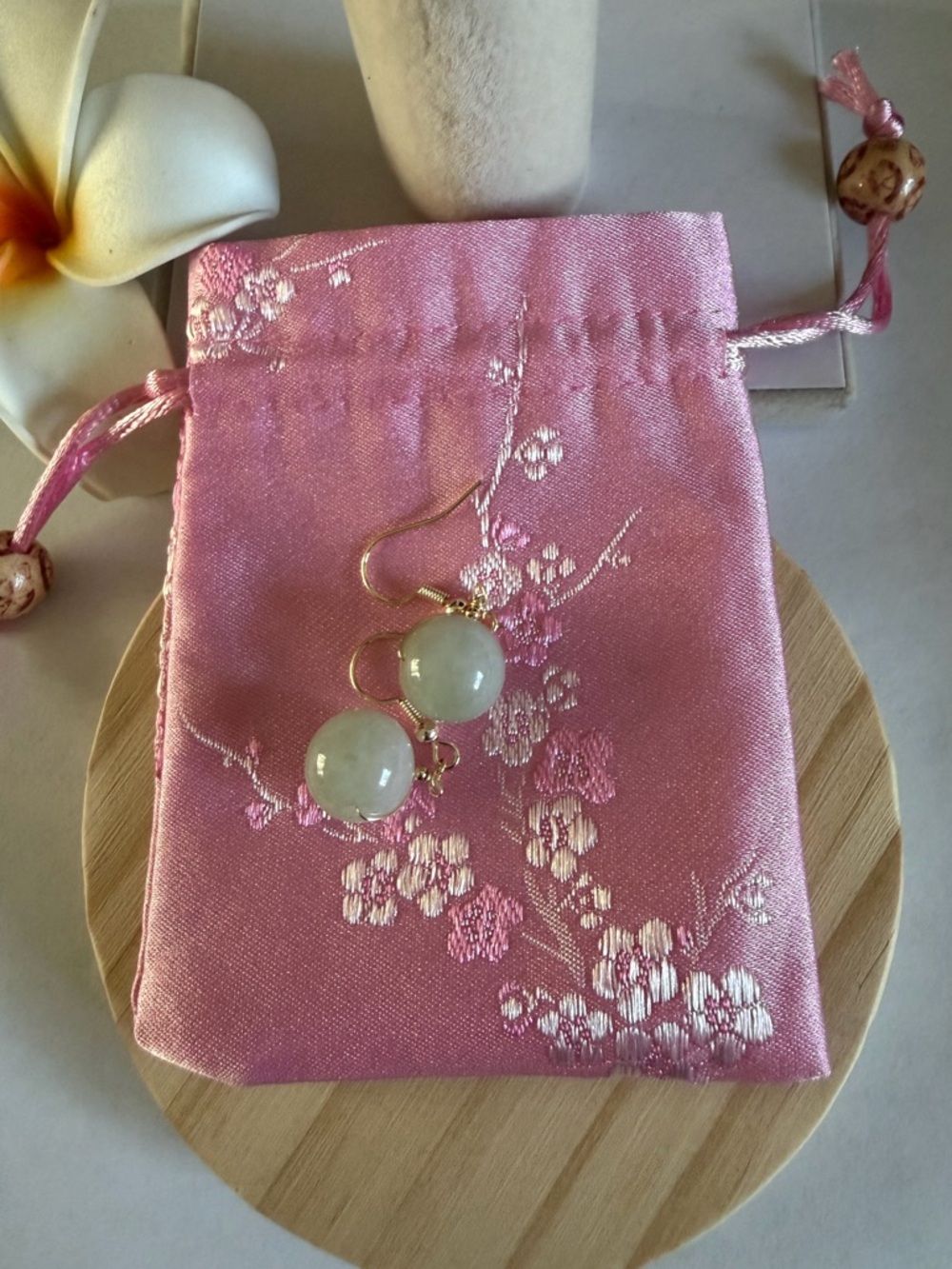14K Gold Icy Light Jade Earrings - Picture 2 of 8